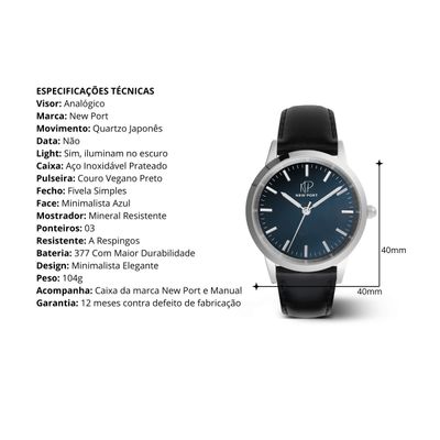 Relógio Feminino Couro Preto Analógico Casual New Port