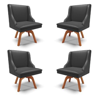 Kit 4 Cadeiras Decorativas Sala de Jantar Base Giratória de Madeira Firenze PU Preto Fosco/Natural G19 - Gran Belo