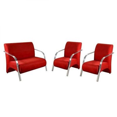 Kit 3 Peças Poltrona Braço Alumínio Suede Tecido Vermelho