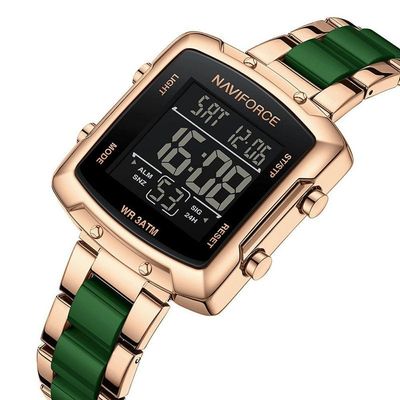 Relógio Digital Feminino Fashion Design Simples Quadrado Em Aço Inoxidavel Rosa Verde