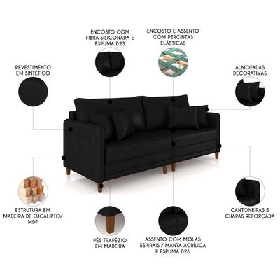 Sofá 2 Lugares Living 172cm Pé Madeira Zoe Sintético Preto Z08 - Mpozenato