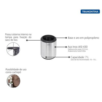 Lixeira Inox Tramontina Cápsula com Acabamento Scotch Brite e Aro e Base em Polipropileno 7 L