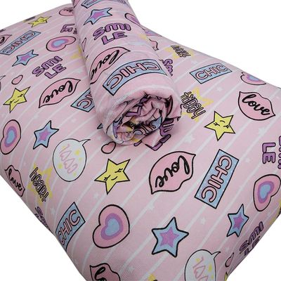 Jogo de Cama Solteiro Portallar Malha Misto Estampado Chic Love 2 Pçs com Elástico Rosa