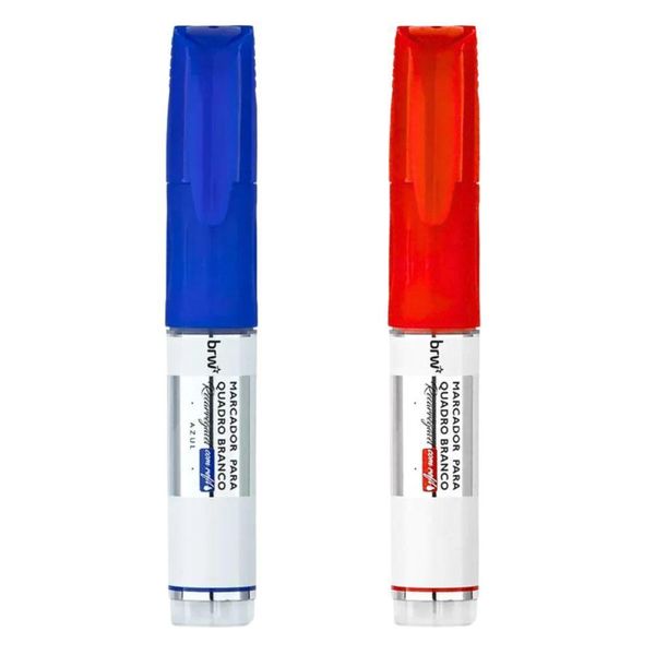 Kit 2 Pincel Marcador Quadro Branco Recarregável Com Refil Brw Azul E Vermelho