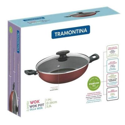 Wok Tramontina Loreto 28cm Em Alumínio Revestimento Antiaderente E Tampa De Vidro Vermelha