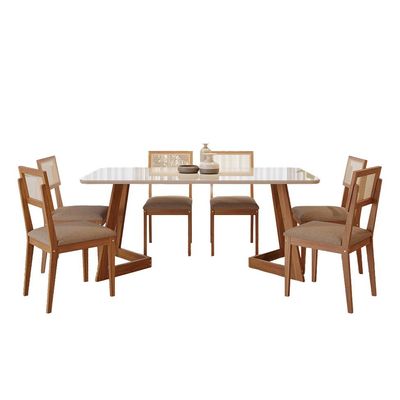 Conjunto de Mesa Retangular com Tampo de Vidro Caju e 6 Cadeiras Palmas Linho Marrom e Cinamomo