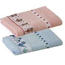 Kit ( 2 ) Toalha de Banho KazzaVip Infantil 100% Algodão Jacquard Barra para Bordar Funny Rosa e Azul