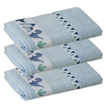 Kit ( 3 ) Toalha de Banho KazzaVip Infantil 100% Algodão Jacquard Barra para Bordar Funny Azul