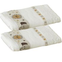 Kit ( 2 ) Toalha de Banho KazzaVip Infantil 100% Algodão Jacquard Barra para Bordar Funny Branco Off-White