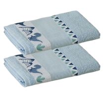 Kit ( 2 ) Toalha de Banho KazzaVip Infantil 100% Algodão Jacquard Barra para Bordar Funny Azul