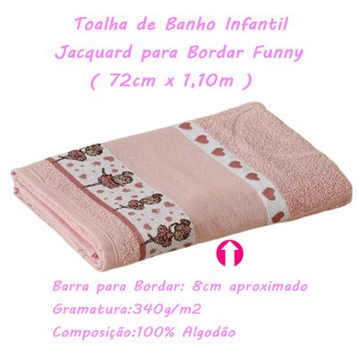 Kit ( 3 ) Toalha de Banho KazzaVip Infantil 100% Algodão Jacquard Barra para Bordar Funny Rosa