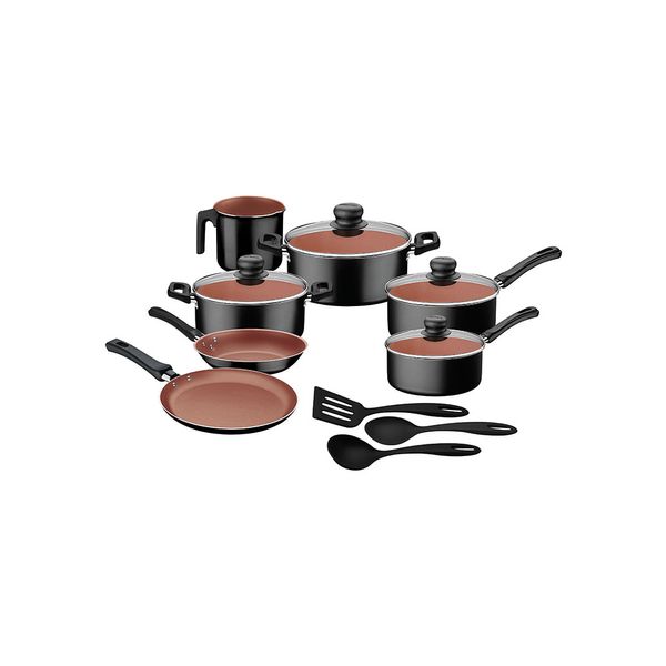 Conjunto de Panelas e Utensílios Antiaderente com Tampa de Vidro Tramontina Caribe Preto e Cobre Conjunto de Panelas e Utensílios Antiaderente com Tampa de Vidro Tramontina Caribe Preto e Cobre