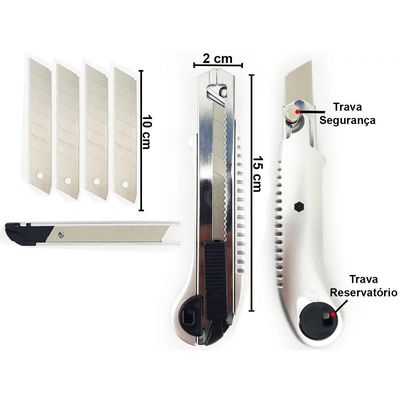 Estilete Profissional Metal 5 Lâminas 10cm Trava Segurança