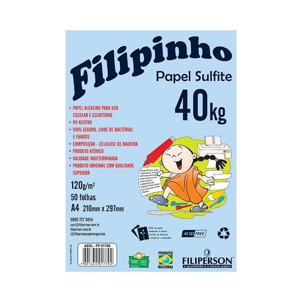 Papel Sulfite Filipinho A4 Azul 120g com 50 Folhas