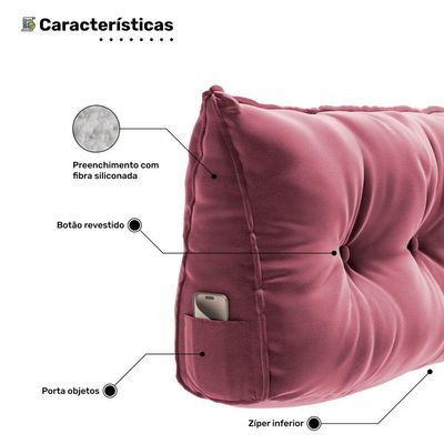 Almofada Para Cabeceira Encosto Apoio Lombar Spot 195cm Com Porta Celular Veludo - Abmaza Cor Rosa