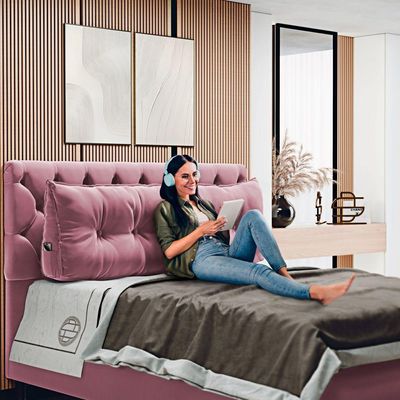 Almofada Para Cabeceira Encosto Apoio Lombar Spot 195cm Com Porta Celular Veludo - Abmaza Cor Rosa