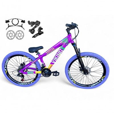 Bicicleta Aro 26 Vikingx Tuff Câmbios Shimano Freio Hidráulico 21v Freeride Aro Vmaxx Flame Roxo-amarelo X25