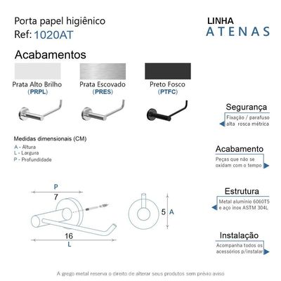 Porta Papel Higiênico Para Banheiro Preto Fosco Atenas Grego Metal