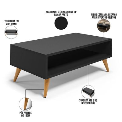 Mesa de Centro Para Sala de Estar Pés Palito Cannes L03 Preto - Lyam Decor