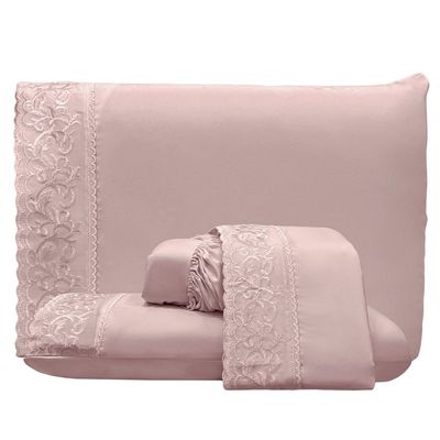 Jogo de Cama Lençol King Top Line 4 Peças - Rosê  - 100% Poliéster