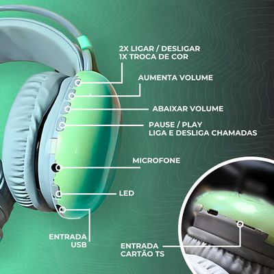 Fone De Ouvido Sem Fio Bluetooth PG580V Verde 5.3 Com LED