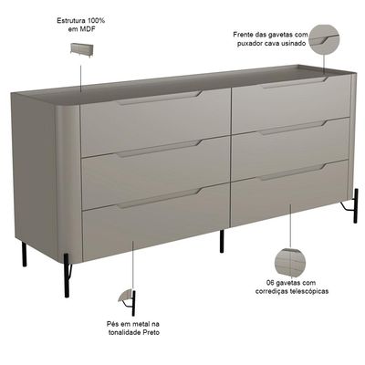 Cômoda Para Quarto Closet Orgânica 6 Gavetas Pés Industrial Preto Bliss I03 Grigio - Lyam Decor