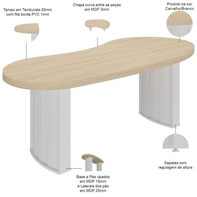 Mesa Para Escritório 200cm Tamburato Curves A02 Carvalho Branco - Lyam Decor
