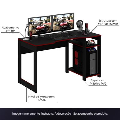 Mesa para Escritório Home Office Gamer ME4152 MDP Preto/Vermelho - Gran Belo