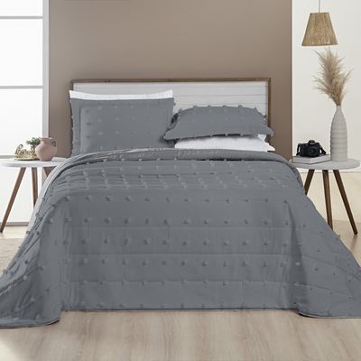 Kit Cobre Leito Colcha Alexa Pompom Casal Padrão Dupla Face Micropercal 3 Peças - Cinza