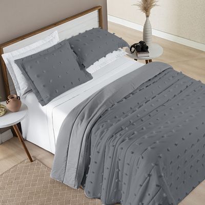 Kit Cobre Leito Colcha Alexa Pompom Casal Padrão Dupla Face Micropercal 3 Peças - Cinza