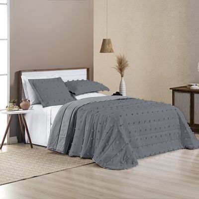 Kit Cobre Leito Colcha Alexa Pompom Casal Padrão Dupla Face Micropercal 3 Peças - Cinza