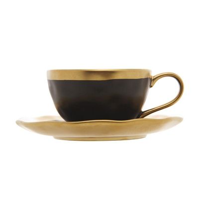 Conjunto De Xícara De Cafezinho Com Pires 06 Peças Dubai Preto E Dourado 90ml Wolff