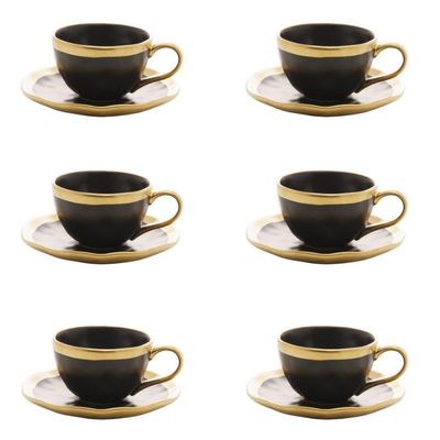 Conjunto De Xícara De Cafezinho Com Pires 06 Peças Dubai Preto E Dourado 90ml Wolff