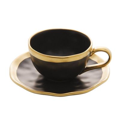 Conjunto De Xícara De Cafezinho Com Pires 06 Peças Dubai Preto E Dourado 90ml Wolff