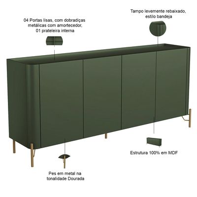 Aparador Buffet Para Sala de Jantar 4 Portas Pés Industrial Dourado Naim I03 Musgo - Lyam Decor