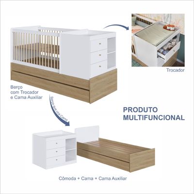 Berço Cama com Cômoda e Cama Auxiliar Aveiro Branco Completa Móveis