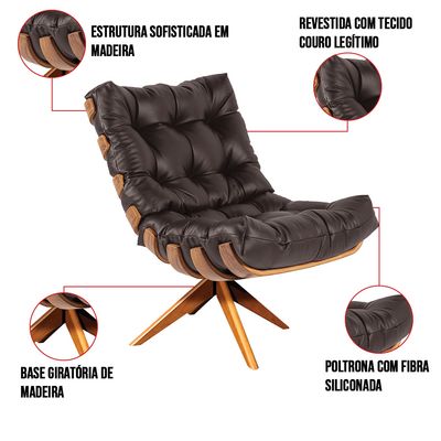 Poltrona Giratória Costela Couro Legítimo Marrom Base Madeira MA30 M11 - D'Rossi