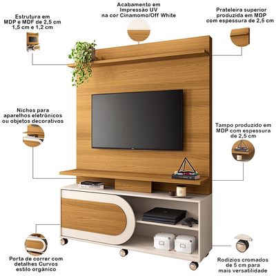 Estante Painel Para TV 55 Pol 136cm 1 Porta Mars B01 Cinamomo Off White - Lyam Decor