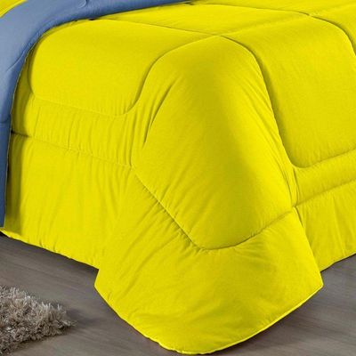 Kit Edredom Dupla Face + Jogo De Lençol King Nobre 6 Peças Malha 100% Algodão - Amarelo / Azul-bebê