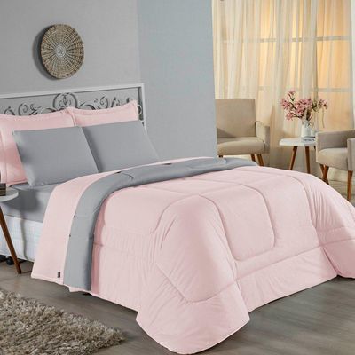 Kit Edredom Dupla Face + Jogo De Lençol Casal Viúva Nobre 7 Peças Malha 100% Algodão - Rosa / Cinza