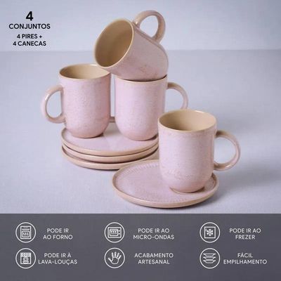 Conjunto de Canecas e Pires Coup Stoneware Litch 330ml 4 Peças Porto Brasil Rosa