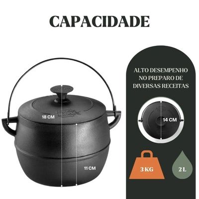 Caldeirão Bojudo Com Tampa 14 Cm 2 L Em Ferro Fundido Panela Mineira