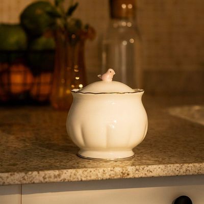 Açucareiro Birds De Porcelana 300ml Branco, Dourado E Rosa Wolff