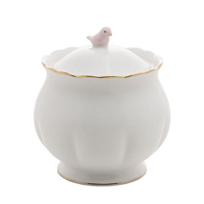 Açucareiro Birds De Porcelana 300ml Branco, Dourado E Rosa Wolff