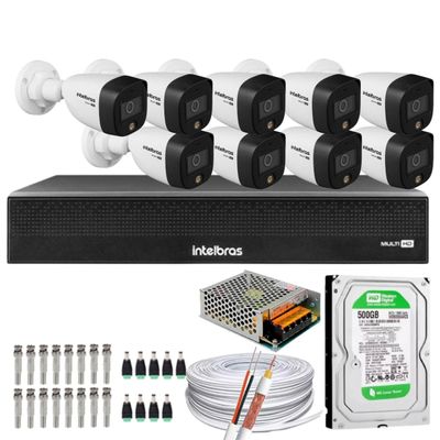 Kit 09 Cameras Full Color Intelbras Dvr Mhdx 16 Ch Color Noite C/HD 500GB
