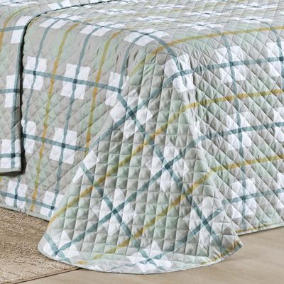 Kit Cobre Leito Colcha Belle Casal Padrão Estampado Dupla Face 400 Fios 3 Peças Grid Verde