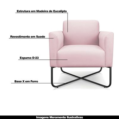 Kit 2 Poltronas Decorativas Isabella Base X Suede Rosa Bebê/Preto - Gran Belo