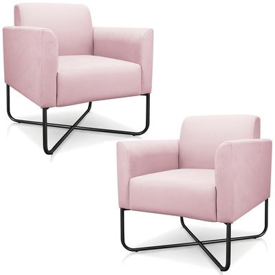 Kit 2 Poltronas Decorativas Isabella Base X Suede Rosa Bebê/Preto - Gran Belo