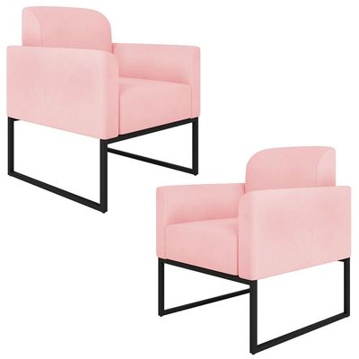 Kit 2 Poltronas Decorativas Isabella Base Industrial Suede Rosa Bebê/Preto
