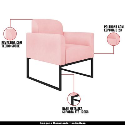 Kit 2 Poltronas Decorativas Isabella Base Industrial Suede Rosa Bebê/Preto